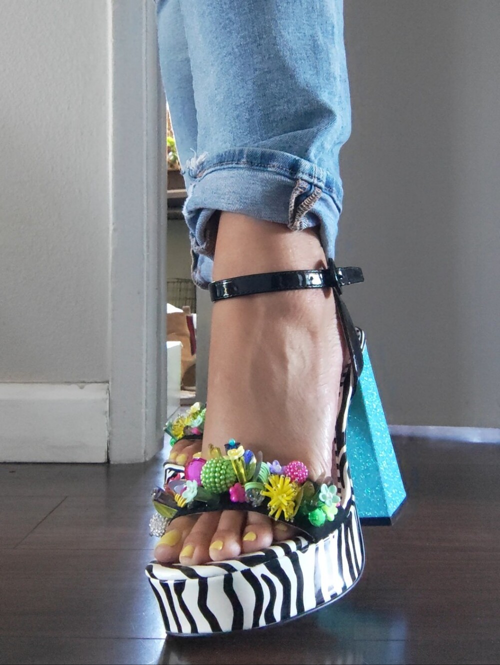 RARE BETsy Johnson Zebra Print Platform Sandals with Colorful 3D Embellishments - Picture 4 of 9